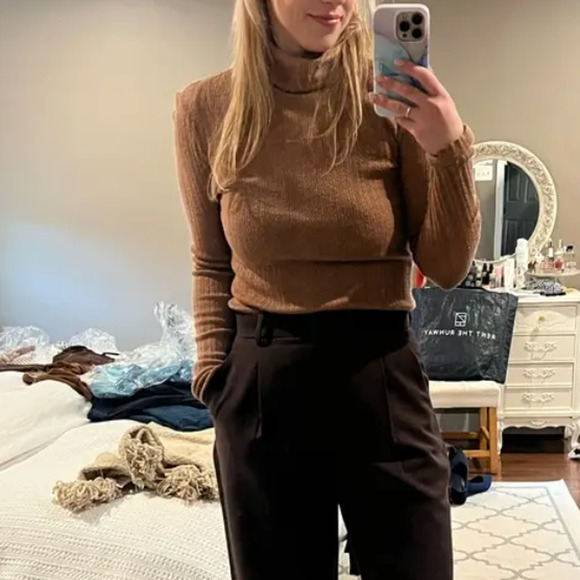 Tanya Taylor Camel Turtleneck Sweater LARGE Bodycon Merino Wool Designer $400 - Picture 4 of 10